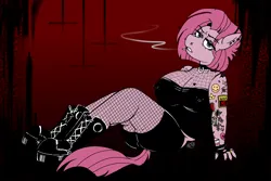 Size: 1500x1000 | Tagged: suggestive, artist:dsstoner, derpibooru import, pinkie pie, anthro, earth pony, boots, choker, cigarette, clothes, cross, erect nipples, fishnets, goth, gothic, gothic pinkie, image, inverted cross, nipple outline, piercing, pinkamena diane pie, png, shoes, shorts, smoking, tattoo