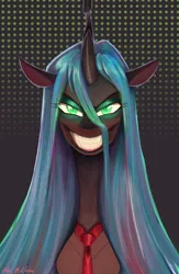 Size: 1300x2000 | Tagged: safe, artist:askometa, derpibooru import, queen chrysalis, changeling, evil grin, eyeshadow, fangs, female, glow, glowing eyes, grin, image, looking at you, makeup, necktie, png, smiling, solo