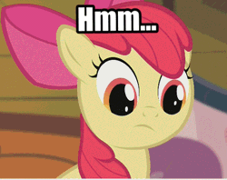Size: 502x397 | Tagged: episode needed, safe, edit, edited screencap, editor:undeadponysoldier, ponerpics import, ponybooru import, screencap, apple bloom, earth pony, pony, adorabloom, animated, confused, cute, edited gif, female, filly, foal, gif, happy, image, implied shipping, implied spike, implied spikebloom, implied straight, shipping approved, text, thinking