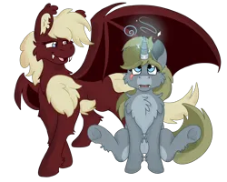 Size: 2500x2000 | Tagged: safe, artist:euspuche, derpibooru import, oc, oc:alabaster, oc:trinity, unofficial characters only, bat pony, unicorn, image, looking up, png, rule 63, simple background, smiling, transparent background
