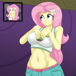 Size: 1280x1280 | Tagged: safe, artist:lennondash, derpibooru import, edit, edited screencap, screencap, fluttershy, human, equestria girls, legend of everfree, :<, bare shoulders, belly button, breasts, busty fluttershy, butterfly hairpin, camp everfree outfits, clothes, female, image, jpeg, midriff, screencap reference, short shirt, solo