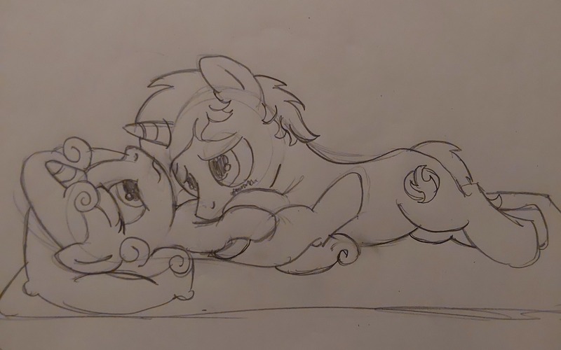 Size: 3264x2040 | Tagged: safe, artist:peternators, derpibooru import, oc, pony, unicorn, bed, blushing, cuddling, female, filly, foal, image, jpeg, lying down, male, monochrome, on back, on bed, pillow, sketch, smiling, snuggling, stallion, traditional art