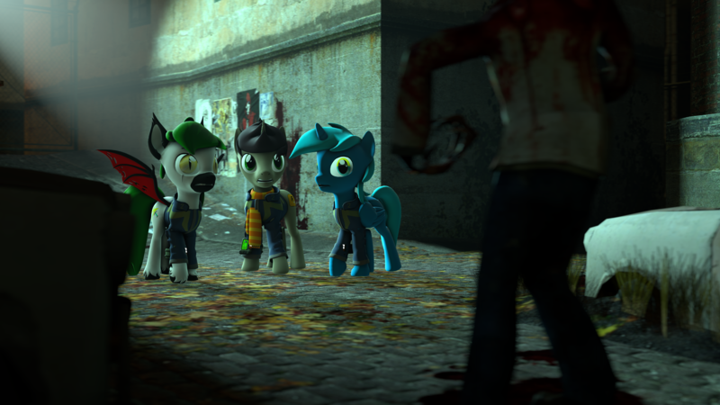 Size: 7680x4320 | Tagged: safe, artist:bronydj, derpibooru import, oc, oc:dagger strike, oc:morozov, oc:sinecrass, alicorn, bat pony, pony, undead, unicorn, zombie, 3d, city, image, png, source filmmaker