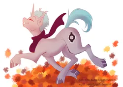 Size: 2480x1754 | Tagged: safe, artist:liechisenshi, derpibooru import, oc, unofficial characters only, pony, unicorn, autumn, clothes, image, leaves, male, png, scarf, simple background, solo, stallion, unshorn fetlocks, white background