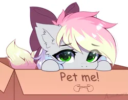Size: 2773x2170 | Tagged: safe, artist:airiniblock, derpibooru import, oc, oc:blazey sketch, unofficial characters only, pegasus, bow, box, green eyes, grey fur, hair bow, image, looking at you, multicolored hair, pegasus oc, png, puppy dog eyes, simple background, solo, white background, wings