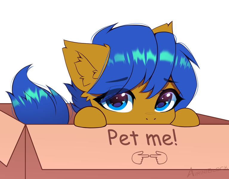Size: 2773x2170 | Tagged: safe, artist:airiniblock, derpibooru import, oc, oc:crushingvictory, pony, box, commission, ear fluff, fingers together, image, pet request, png, pony in a box, simple background, solo, white background, ych result, your character here