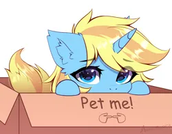Size: 2773x2170 | Tagged: safe, artist:airiniblock, derpibooru import, oc, oc:skydreams, unofficial characters only, pony, unicorn, box, commission, ear fluff, fingers together, image, looking at you, pet request, png, pony in a box, puppy dog eyes, simple background, solo, white background, ych result, your character here