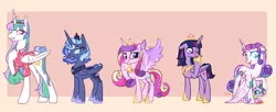 Size: 2406x978 | Tagged: safe, artist:harusocoma, derpibooru import, princess cadance, princess celestia, princess flurry heart, princess luna, twilight sparkle, twilight sparkle (alicorn), oc, alicorn, crystal pony, pony, alicorn pentarchy, alternate hairstyle, closed mouth, clothes, colored wings, crystallized, cyan eyes, ethereal mane, ethereal tail, eyeshadow, female, floppy ears, folded wings, gradient wings, grin, group, hairband, hoof shoes, image, jewelry, lidded eyes, looking back, looking down, makeup, mare, older, open mouth, peytral, pink eyes, png, princess shoes, purple eyes, raised hoof, sextet, shirt, short tail, slit pupils, smiling, spread wings, stifling laughter, sweat, sweatdrops, tail, tail jewelry, teary eyes, tiara, turned head, wings