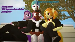 Size: 1920x1080 | Tagged: suggestive, artist:rexyvexi, derpibooru import, adagio dazzle, aria blaze, sonata dusk, oc, anthro, unicorn, equestria girls, 3d, bench, breasts, dialogue, image, park, park bench, png, source filmmaker, text, the dazzlings