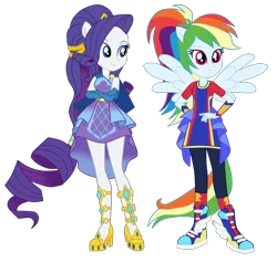 Size: 3540x3500 | Tagged: safe, artist:gmaplay, derpibooru import, rainbow dash, rarity, human, equestria girls, equestria girls series, forgotten friendship, spoiler:eqg series (season 2), alternate hairstyle, cape, clenched fist, clothes, cutie mark, cutie mark on clothes, determined smile, diamonds, eyeshadow, female, frills, gloves, gorget, high res, image, jewelry, kamen rider, kick, long gloves, long shirt, makeup, open mouth, open smile, pants, png, ponied up, pony ears, ponytail, shoes, simple background, sleeveless, smiling, sneakers, solo, spread wings, super ponied up, sweatpants, tiara, transparent background, wings
