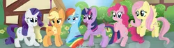 Size: 7680x2160 | Tagged: safe, artist:starry swirl, derpibooru import, applejack, fluttershy, pinkie pie, rainbow dash, rarity, twilight sparkle, twilight sparkle (alicorn), alicorn, earth pony, pegasus, pony, unicorn, female, image, mane six, mare, png, ponyville