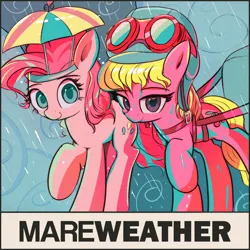 Size: 2048x2048 | Tagged: safe, artist:vultraz, ponerpics import, cherry berry, pinkie pie, earth pony, pony, album cover, aviator goggles, aviator hat, female, goggles, hat, image, looking at you, mare, png, rain, text, umbrella hat