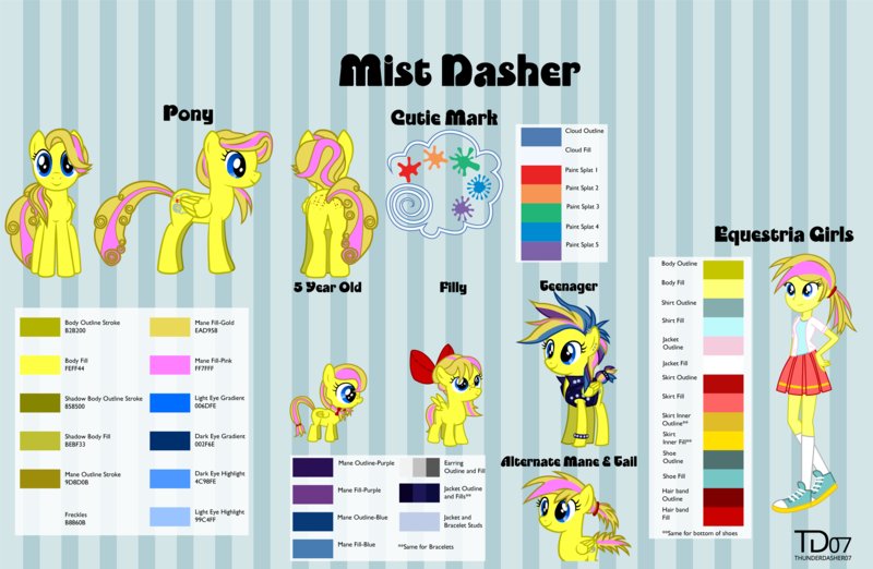 Size: 4600x3000 | Tagged: safe, artist:thunderdasher07, derpibooru import, oc, oc:mist dasher, unofficial characters only, human, pegasus, pony, equestria girls, 2017, 5-year-old, age progression, alternate hairstyle, bow, bracelet, butt, butt freckles, clothes, color palette, cutie mark, ear piercing, earring, equestria girls-ified, female, filly, foal, freckles, front view, hair bow, hairband, high res, image, jacket, jewelry, mare, multicolored hair, old art, older, pegasus oc, piercing, pigtails, plot, png, ponytail, punk, rear view, reference sheet, shirt, shoes, short tail, side view, signature, simple background, skirt, sneakers, solo, standing, striped background, tail, teenager, text, two toned mane, wings