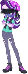 Size: 1526x3968 | Tagged: safe, artist:orin331, artist:rodan00, derpibooru import, edit, vector edit, starlight glimmer, human, equestria girls, beanie, beanie hat, blindfold, boots, clothes, crossed arms, eyebrows, female, gag, hat, high res, image, jewelry, legs, looking at you, magical geodes, necklace, pants, png, ripped pants, shoes, simple background, smiling, smiling at you, solo, torn clothes, transparent background, vector, watch, wristwatch