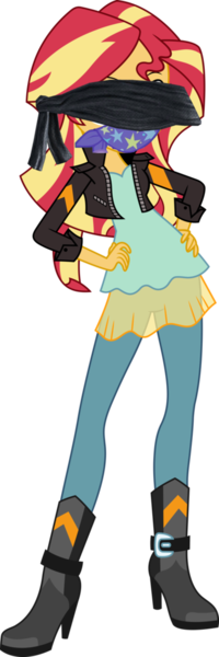 Size: 1306x3916 | Tagged: safe, artist:sugar-loop, derpibooru import, edit, sunset shimmer, equestria girls, friendship games, .ai available, .svg available, absurd resolution, blindfold, boots, clothes, cute, gag, hand on hip, high heel boots, image, jacket, leather, leather jacket, png, shimmerbetes, shoes, simple background, smiling, solo, transparent background, vector
