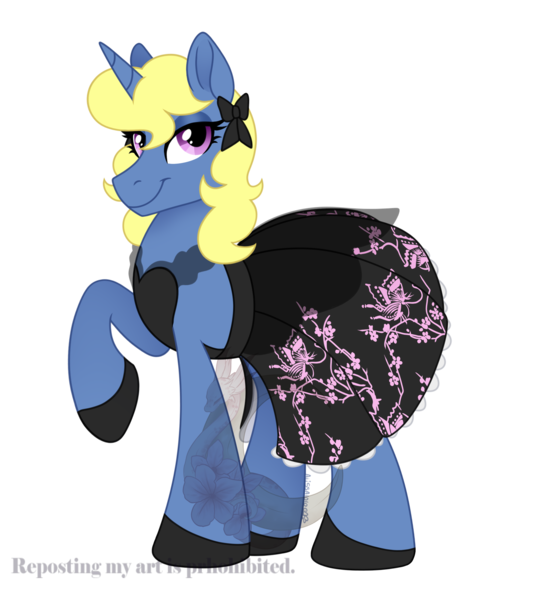 Size: 1993x2134 | Tagged: safe, artist:alissa1010, derpibooru import, oc, oc:azure/sapphire, unofficial characters only, pony, unicorn, black dress, bow, clothes, crossdressing, dress, femboy, image, little black dress, male, png, pony oc, ponysona, shoes, wig, with permission from artist