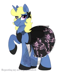 Size: 1993x2134 | Tagged: safe, artist:alissa1010, derpibooru import, oc, oc:azure/sapphire, unofficial characters only, pony, unicorn, black dress, bow, clothes, crossdressing, dress, femboy, image, little black dress, male, png, pony oc, ponysona, shoes, wig, with permission from artist