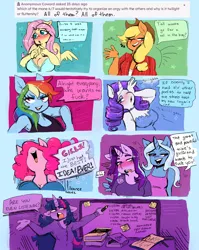 Size: 2190x2750 | Tagged: suggestive, artist:currentlytr_ash, derpibooru import, applejack, fluttershy, pinkie pie, rainbow dash, rarity, starlight glimmer, trixie, twilight sparkle, twilight sparkle (alicorn), alicorn, anthro, earth pony, pegasus, unicorn, bedroom eyes, big breasts, blushing, breasts, busty applejack, busty fluttershy, busty mane six, busty pinkie pie, busty rainbow dash, busty rarity, busty twilight sparkle, cleavage, dialogue, embarrassed, female, females only, fingers together, high res, image, implied lesbian, implied orgy, lesbian, mane six, nose in the air, open mouth, open smile, png, shipping, shoulder blush, smiling, speech bubble, startrix, whiteboard