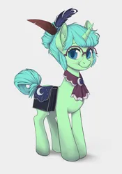 Size: 2734x3897 | Tagged: safe, artist:taytinabelle, derpibooru import, oc, oc:serenity, unofficial characters only, pony, unicorn, bag, cutie mark accessory, derpibooru exclusive, ear fluff, ear freckles, female, freckles, glasses, hair bun, happy, image, looking at you, mare, messy mane, messy tail, neckerchief, png, quill, round glasses, saddle bag, simple background, smiling, solo, story in the source, tail, tail wrap, white background