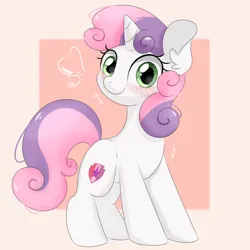 Size: 1080x1080 | Tagged: safe, artist:twiliset, derpibooru import, sweetie belle, pony, unicorn, cute, derpibooru exclusive, happy, heart, image, looking at you, png, red face, simple background, smiling, smiling at you, solo, standing