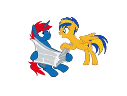 Size: 2048x1536 | Tagged: safe, artist:ry-bluepony1, derpibooru import, oc, oc:flare spark, oc:train track, unofficial characters only, pegasus, pony, unicorn, female, image, male, mare, newspaper, png, simple background, spread wings, stallion, transparent background, wings