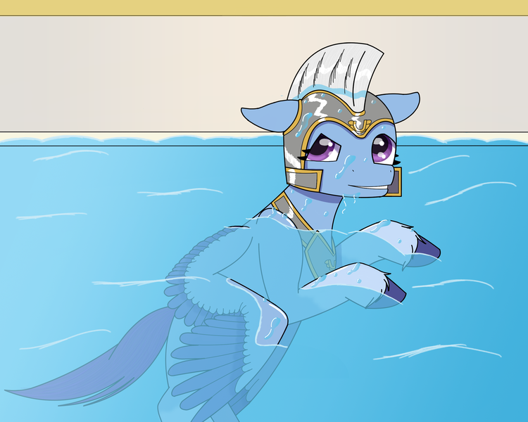 Size: 2500x2000 | Tagged: safe, artist:stormy hooves, derpibooru import, pegasus, pony, g5, derpibooru exclusive, dialogue in the description, female, guardsmare, helmet, image, mare, pegasus royal guard, png, royal guard, solo, swimming pool, unshorn fetlocks, water, wet, zoom zephyrwing