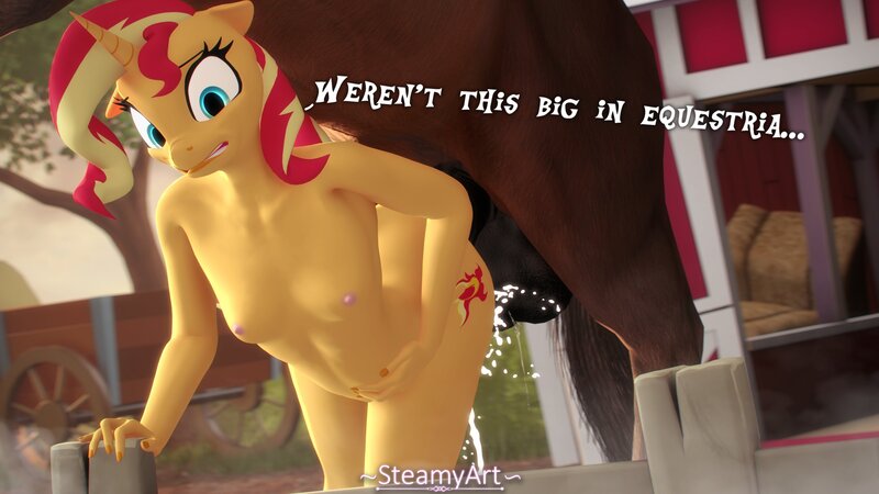 Size: 3840x2160 | Tagged: explicit, artist:phenioxflame, sunset shimmer, anthro, horse, pony, 3d, ambiguous penetration, breasts, female, homedick shimmer, homesick shimmer, horse on anthro action, horsecock, image, jpeg, male, penis, pony on anthro action, sex, stallion, stallion on anthro female, straight
