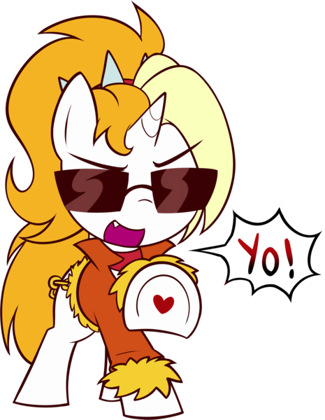 Size: 1821x2351 | Tagged: safe, artist:pestil, oc, oc:dyx, pony, unicorn, clothes, dialogue box, female, filly, image, jacket, open mouth, png, simple background, sunglasses, transparent background, vector
