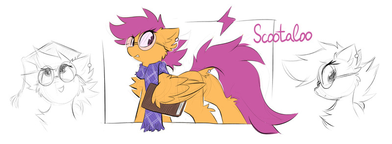 Size: 2048x753 | Tagged: safe, artist:kejifox, derpibooru import, scootaloo, pegasus, pony, book, butt, chest fluff, clothes, dock, dock piercing, ear fluff, ear piercing, featureless crotch, female, glasses, graduation cap, hat, image, jpeg, looking back, piercing, plot, scarf, scootabutt, sketch, tail, tail piercing, wing hold, wings