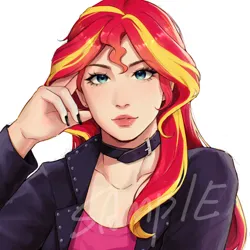 Size: 2048x2048 | Tagged: safe, artist:xiaowu07, derpibooru import, sunset shimmer, human, equestria girls, collar, commission, female, image, looking at you, png, sample, simple background, solo, white background