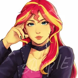 Size: 2048x2048 | Tagged: safe, artist:xiaowu07, derpibooru import, edit, sunset shimmer, human, equestria girls, collar, commission, female, image, looking at you, png, sample, simple background, solo, white background