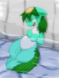 Size: 1650x2200 | Tagged: safe, artist:kushina13, derpibooru import, oc, ponified, unofficial characters only, original species, pony, youkai, belly button, female, flower, flower in hair, image, jpeg, kappa, lidded eyes, mare, partially submerged, river, solo, water