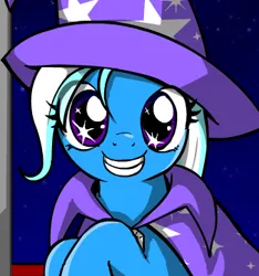 Size: 338x361 | Tagged: safe, artist:marcusmaximus, derpibooru import, edit, trixie, pony, unicorn, cape, clothes, cropped, cute, diatrixes, female, game, hat, image, looking at you, mare, minty fresh adventure, night, png, smiling, stars, trixie's cape, trixie's hat