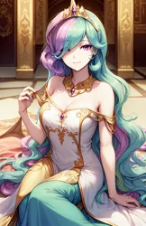 Size: 1080x1664 | Tagged: suggestive, derpibooru import, machine learning generated, stable diffusion, princess celestia, human, ai content, breasts, choker, cleavage, clothes, crown, dress, female, generator:divineelegancemixv6, generator:princess celestia (humanized), hair over one eye, humanized, image, indoors, jewelry, jpeg, long hair, looking at you, multicolored hair, palace, prompter:marusame, purple eyes, regalia, sitting, sitting on floor, solo