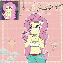 Size: 1242x1228 | Tagged: suggestive, artist:elizabet311, derpibooru import, fluttershy, human, equestria girls, legend of everfree, abstract background, belly button, blushing, camp everfree outfits, cute, female, image, jpeg, midriff, outline, screencap reference, shyabetes, solo, solo female, white outline