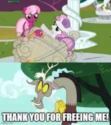 Size: 500x562 | Tagged: safe, derpibooru import, edit, edited screencap, screencap, cheerilee, discord, scootaloo, sweetie belle, draconequus, dungeons and discords, the return of harmony, angry, caption, cheerilee is not amused, excited, fight, grin, happy, image, imgflip, jpeg, smiling, statue, text, unamused