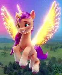 Size: 570x690 | Tagged: safe, derpibooru import, screencap, sunny starscout, alicorn, pony, g5, my little pony: a new generation, artificial horn, artificial wings, augmented, cropped, female, horn, image, magic, magic horn, magic wings, mare, png, race swap, solo, sunnycorn, wings