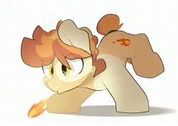 Size: 3035x2150 | Tagged: safe, artist:mochi_nation, derpibooru import, oc, oc:flame egg, unofficial characters only, earth pony, pony, coat markings, eye clipping through hair, female, fire, fire breath, image, jpeg, mare, simple background, solo, white background