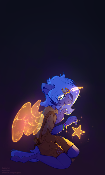 Size: 2686x4487 | Tagged: safe, artist:yarugreat, derpibooru import, princess luna, alicorn, anthro, pony, artificial horn, artificial wings, augmented, childhood, clothes, female, filly, horn, image, kids, magic, magic horn, magic wings, png, s1 luna, slingshot, solo, stars, wings, woona, younger