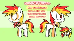 Size: 2877x1600 | Tagged: safe, artist:kruvvv, derpibooru import, oc, oc:konfetik, ponified, unofficial characters only, earth pony, pony, bow, bowtie, colt, cross-eyed, earth pony oc, eye clipping through hair, female, filly, foal, green background, image, male, multicolored eyes, png, reference, reference sheet, silly, silly face, simple background, solo, spots