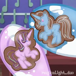 Size: 1080x1080 | Tagged: safe, artist:magicalight_duo, derpibooru import, starlight glimmer, trixie, pony, unicorn, baking, duo, duo female, female, food, frosting, gingerbread (food), image, jpeg, kitchen, mare, messy, show accurate, signature