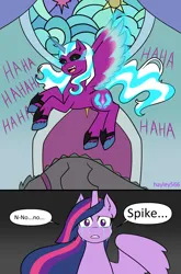 Size: 2048x3100 | Tagged: semi-grimdark, artist:hayley566, derpibooru import, princess twilight 2.0, spike, twilight sparkle, twilight sparkle (alicorn), alicorn, dragon, pony, g5, the last problem, black sclera, crying, death, evil laugh, fangs, female, flying, gigachad spike, gritted teeth, image, laughing, laughing mad, male, mare, murder, older, older spike, older twilight, opaline arcana, open mouth, png, sad, teeth, unshorn fetlocks