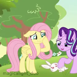 Size: 1079x1079 | Tagged: safe, artist:magicalight_duo, derpibooru import, fluttershy, starlight glimmer, pegasus, pony, rabbit, unicorn, animal, duo, duo female, female, hoof on face, image, jpeg, mare, outdoors, show accurate, signature, tree