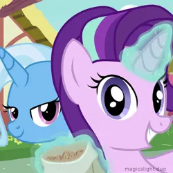 Size: 1080x1080 | Tagged: safe, artist:magicalight_duo, derpibooru import, starlight glimmer, trixie, pony, unicorn, all bottled up, bag, cinnamon nuts, duo, duo female, female, food, image, jpeg, magic, mare, show accurate, signature, telekinesis