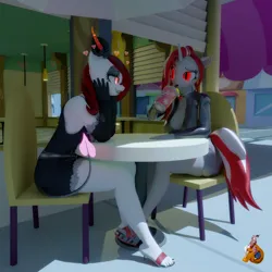 Size: 3840x3840 | Tagged: safe, artist:velvetcharm, derpibooru import, oc, oc:lovers, anthro, 3d, clothes, drink, drinking, evening gloves, feet, female, gloves, heart, heart eyes, high heels, image, jpeg, long gloves, looking at each other, looking at someone, outdoors, shoes, wingding eyes