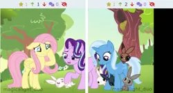 Size: 473x254 | Tagged: safe, artist:magicalight_duo, derpibooru import, edit, fluttershy, starlight glimmer, trixie, pegasus, pony, rabbit, unicorn, derpibooru, twibooru, animal, female, hoof on face, image, juxtaposition, mare, meta, outdoors, png, show accurate, signature, tree, trio, trio female