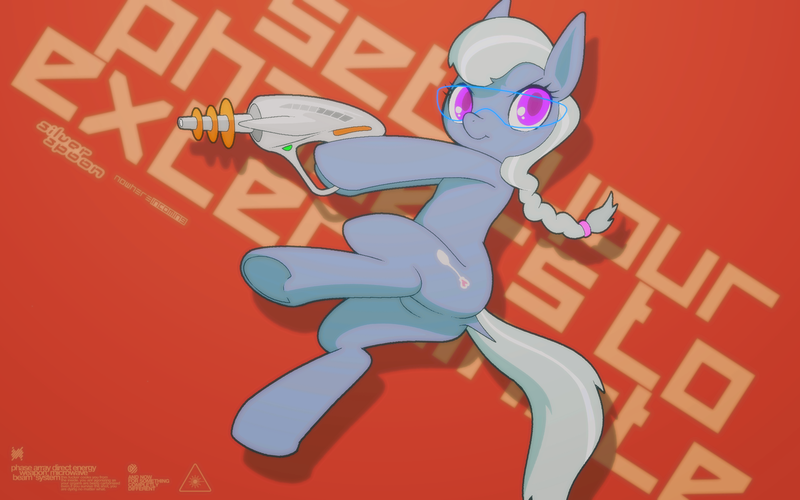 Size: 1920x1200 | Tagged: safe, artist:darkdoomer, derpibooru import, silver spoon, earth pony, pony, semi-anthro, action pose, design, dock, energy weapon, female, filly, foal, green background, gun, hoof hold, image, phaser, png, ray gun, science fiction, simple background, solo, tail, weapon