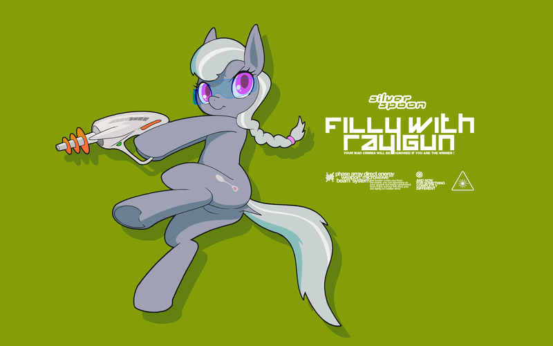 Size: 3840x2400 | Tagged: safe, artist:darkdoomer, derpibooru import, silver spoon, earth pony, pony, action pose, design, dock, energy weapon, female, filly, foal, green background, gun, hoof hold, image, phaser, png, ray gun, science fiction, simple background, solo, tail, weapon