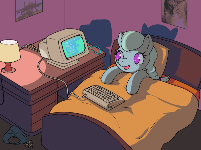 Size: 1600x1200 | Tagged: safe, artist:darkdoomer, derpibooru import, silver spoon, cat, pony, bed, bedroom, computer, desk, female, filly, foal, glasses off, image, keyboard, lamp, looking at something, plane, png, poster, ray gun, sleep tight, solo, weapon