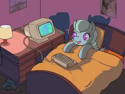 Size: 1600x1200 | Tagged: safe, artist:darkdoomer, derpibooru import, silver spoon, cat, pony, bed, bedroom, computer, desk, female, filly, foal, glasses off, image, keyboard, lamp, looking at something, plane, png, poster, ray gun, sleep tight, solo, weapon